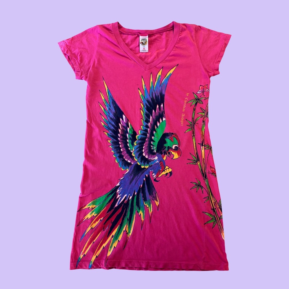 Y2K Ed Hardy Christian Audigier Parrot V-Neck T-Shirt Mini Dress Scene #18